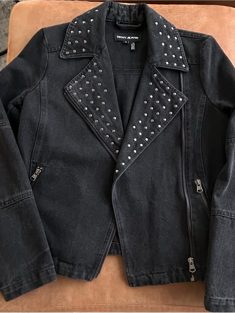 Dkny Black Studded Jean Moto Jacket